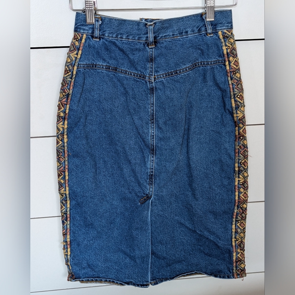 Vintage Denim Jean Mini Skirt Embroidered Short Pockets High Waist Small